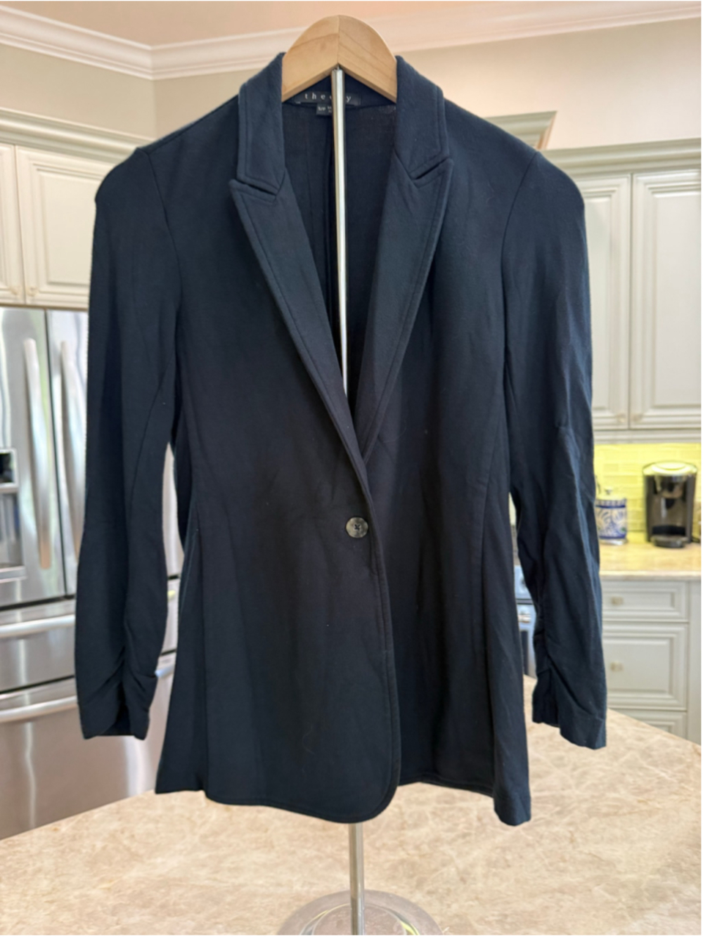 THEORY SMALL NAVY BLUE Ruched Sleeve JERSEY KNIT Blazer Jacket, stretchy comfor